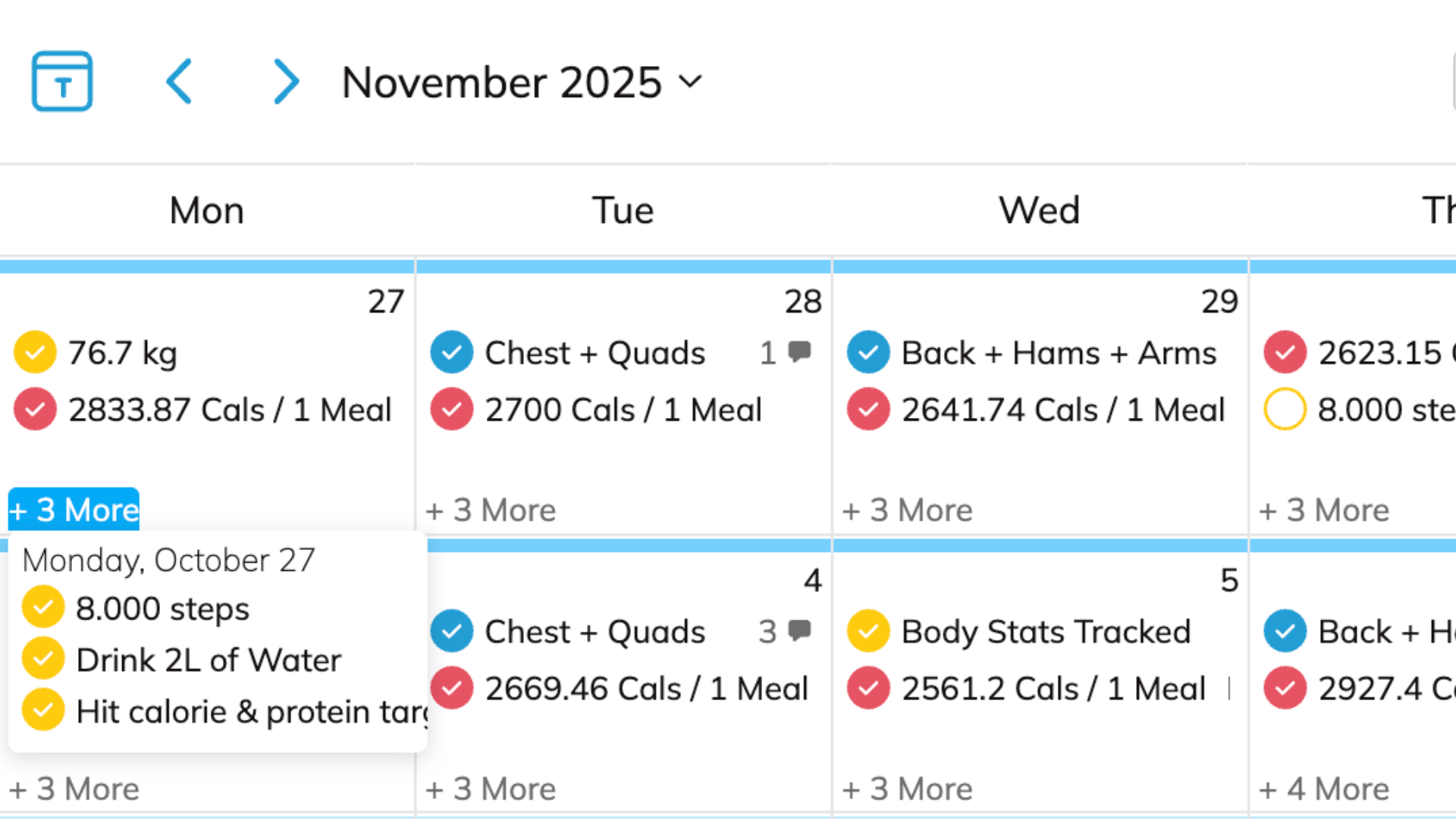 Trainerize coaching platform calendar view showing weekly training plan